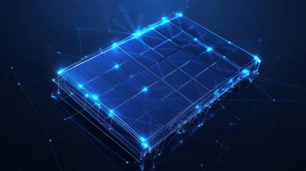 A digital representation of a solar panel with a futuristic design and glowing connections.