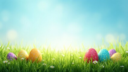 Fototapeta premium Vibrant Easter eggs hidden in lush meadow under clear blue sky