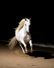 Obraz premium white horse on the beach in dark nights 