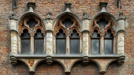 Obraz premium Ornate Gothic Windows on Historic Brick Wall