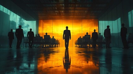 Silhouettes of Businesspeople Walking Towards the Light