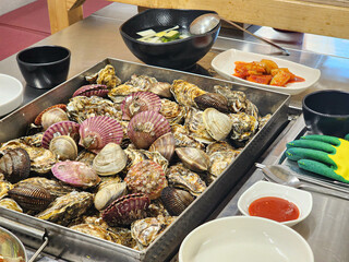 Korean Seafood Food. Steamed oysters and clams