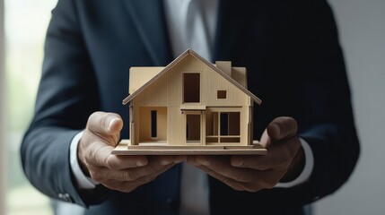 A person holding a wooden model of a house, symbolizing architecture or real estate.