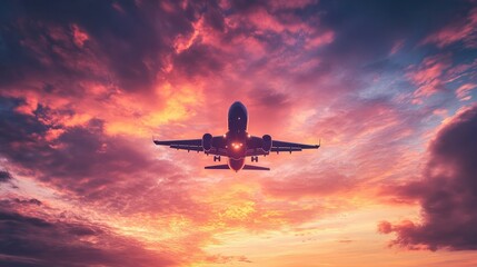 Obraz premium Commercial airplane in flight during a vibrant sunset, colorful sky, silhouette effect, ample copy space,