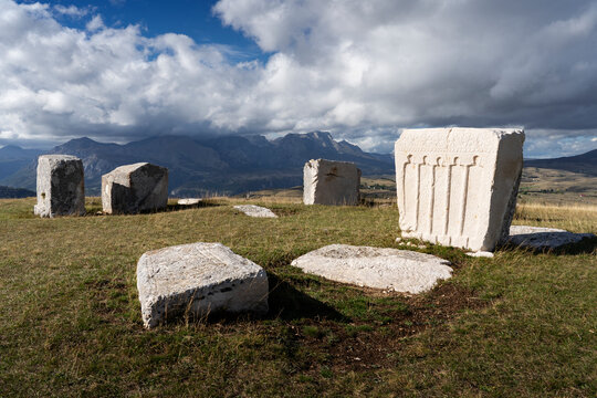 Magic of Dormitor and Piva collide - energy field similar to stonehenge. This place is called Stecci. Viewpoint of Durmitor, Prutas, Boricje, Piva. Necropolis contains 14 stecci and coffin