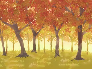 紅葉の森　風景イラスト　秋