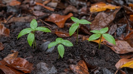 Green Seedlings Emerging from Dark Soil