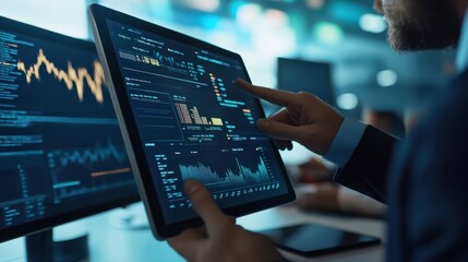 Data analysts discussing AI predictions with charts displayed on a tablet