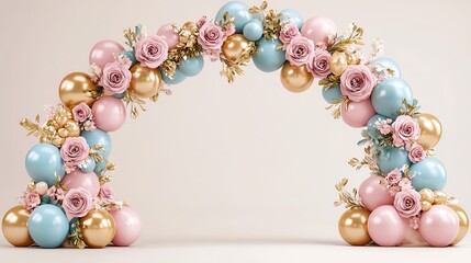 Pastel balloon arch with floral accents and gold balloons