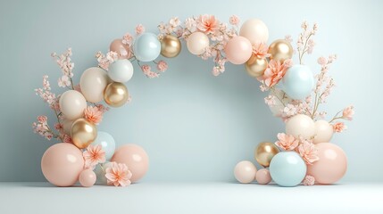 Floral balloon garland with pastel balloons and gold accents