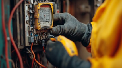 Close up Electrician Working on Electrical Panel  Industrial Safety  Power Equipment  Main