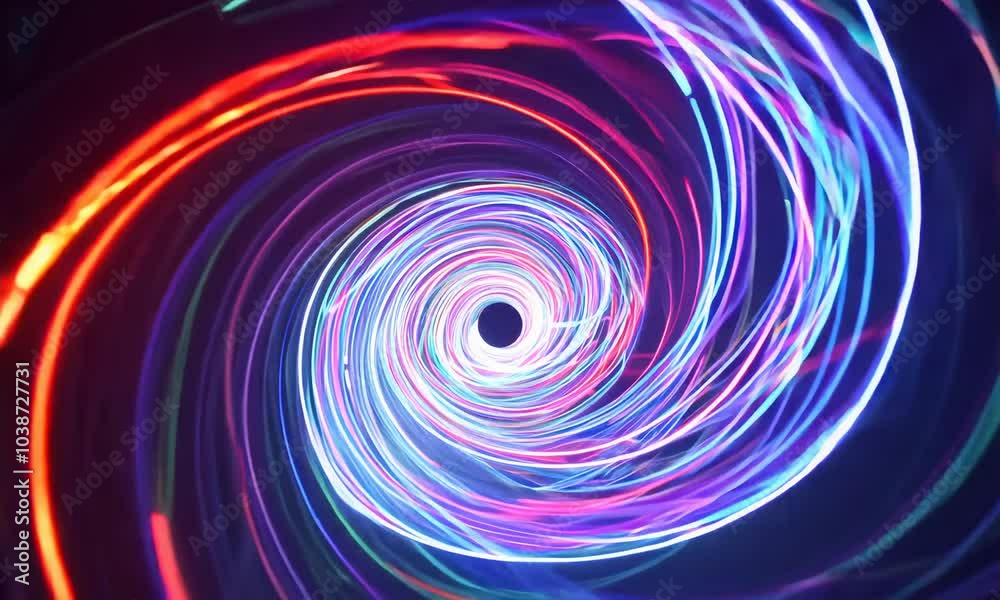 Poster abstract image with swirling neon lights in dark space.