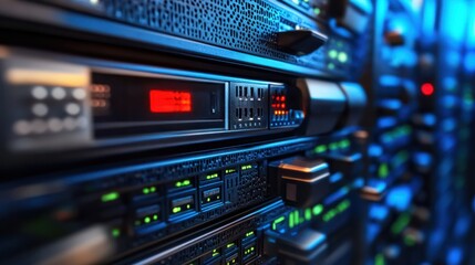 Naklejka premium Detail of servers in a rack at a data center