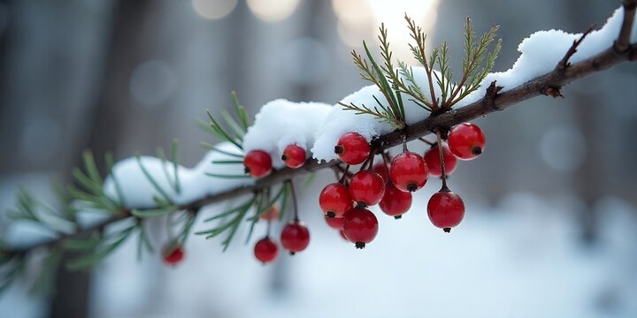 A close-up of a snow-covered branch with red berries.