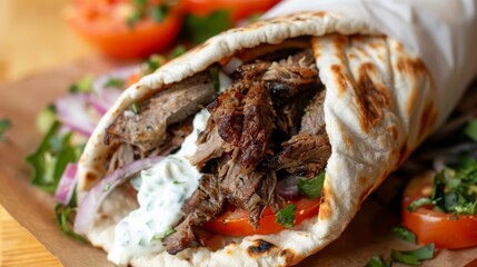 A close-up of a delicious gyro with grilled meat, tomatoes, onions, and sauce.