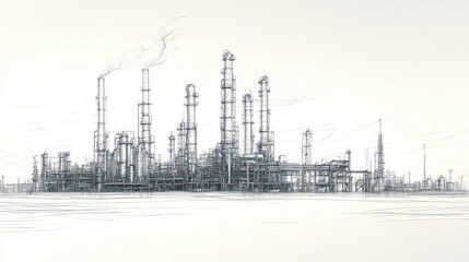 Fototapeta premium Industrial complex with tall structures and smoke, representing manufacturing and energy production.