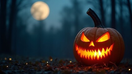 Obraz premium Spooky pumpkin with glowing grin in moonlit forest