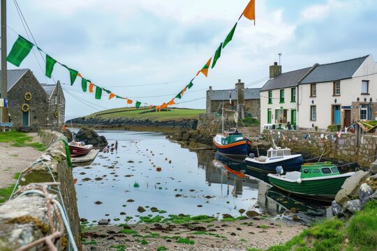 Vibrant St. Patrick's Day Celebration in an Irish Coastal Village with Festive Boats and Decorations