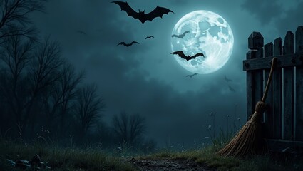 Fototapeta premium Spooky night scene with bats witchs broom old fence Ideal for Halloween promotions
