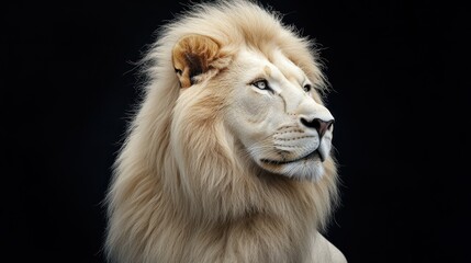 Fototapeta premium A majestic white lion with a flowing mane, set against a dark background.