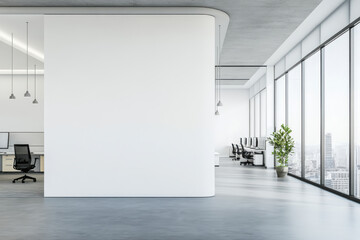 Modern office interior with large windows, minimalistic design, and potted plant. spacious layout features workstations and bright atmosphere, promoting productivity and creativity