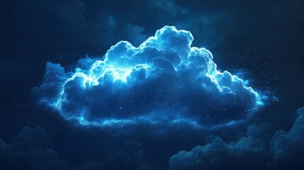 Floating cloud icons connected by light data streams represent the seamless network and storage capabilities of cloud computing.