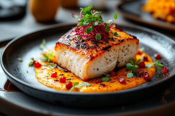 The plate of food with a piece of fish and tomatoes.