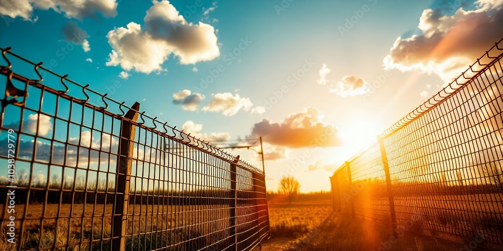 Canvas Prints A wire fence stretches into the sunset, creating a dramatic silhouette.