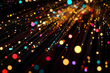 An abstract image with colorful light particles streaming on a black background creating a festive and dynamic sense of motion and energy
