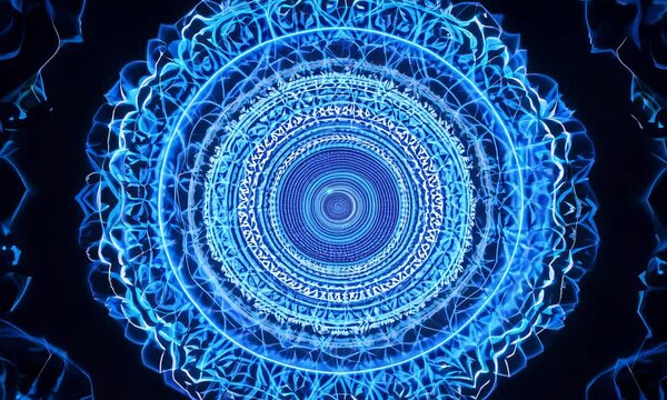 Blue and white hypnotic mandala with intricate details.