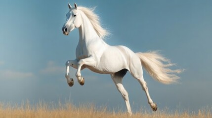 Fototapeta premium A majestic white horse galloping gracefully across a golden field under a clear blue sky.