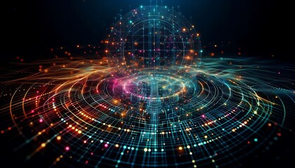 Obraz premium Abstract futuristic grid pattern in glowing neon colors dark background,generative ai