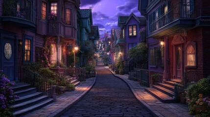 Romantic Evening Stroll Through Cobblestone Street with Colorful Houses and Lights