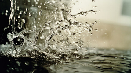 A close-up shot of water splashing energetically, capturing the fluid movement and intricate droplets in mid-air, creating a stunning representation of nature in action.