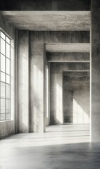 Fototapeta premium Empty, industrial, concrete room with sunlight.