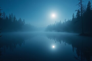 Misty lake at night, full moon reflection, tranquil forest scenery, serene atmosphere, copy space
