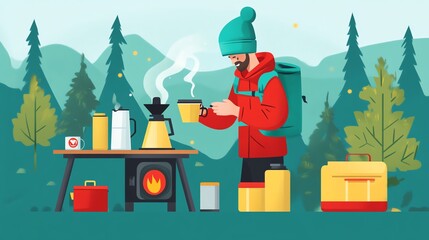 Man brewing coffee outdoors in nature with a camping setup.