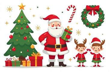 Xmas items set. Christmas tree, Santa with gifts, elves. Festive wreath, candy canes, gingerbreads. New year decorations. Winter holiday decor. Flat isolated vector illustration on white background 
