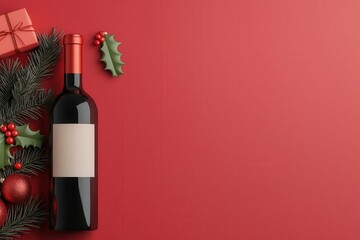 Red wine bottle with holiday decorations on a vibrant red background.