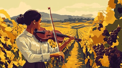 Fototapeta premium Musician playing the violin in a vibrant vineyard landscape.