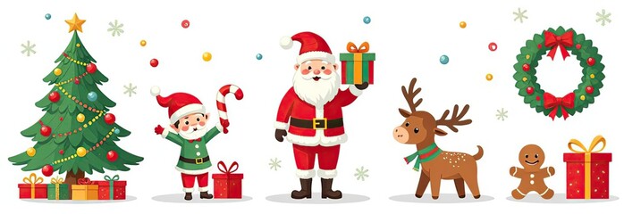 Fototapeta premium Xmas items set. Christmas tree, Santa with gifts, elves. Festive wreath, candy canes, gingerbreads. New year decorations. Winter holiday decor. Flat isolated vector illustration on white background 