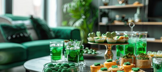 St. Patrick's Day Celebration: Festive Friends Gathering in Vibrant Green Decor for a Modern Holiday Party