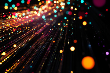 Fototapeta premium Colorful light particles in various sizes streaming diagonally on a dark background creating a dynamic bokeh effect 