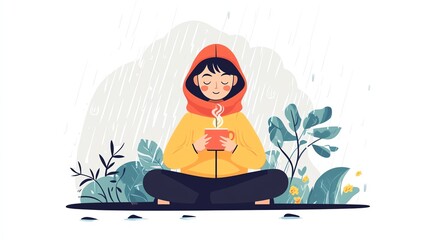 Person in a hoodie enjoying a warm drink surrounded by nature.