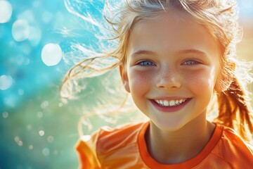 Young girl with bright smile enjoying outdoors during sunny day at the park