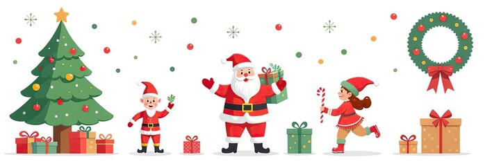 Xmas items set. Christmas tree, Santa with gifts, elves. Festive wreath, candy canes, gingerbreads. New year decorations. Winter holiday decor. Flat isolated vector illustration on white background 