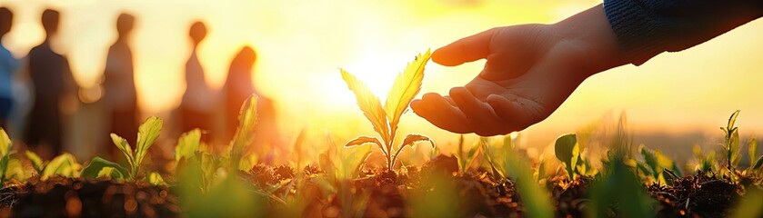 Hand nurturing a sapling under a warm sunset, symbolizing growth and sustainability.