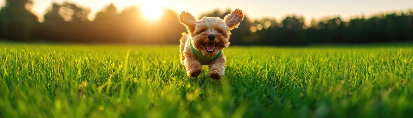 Happy dog running through lush green grass during sunset.