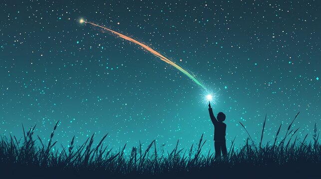 Person reaching for a shooting star under a starry night sky.