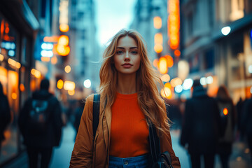 Woman with blonde hair and blue eyes is standing in a busy city street.